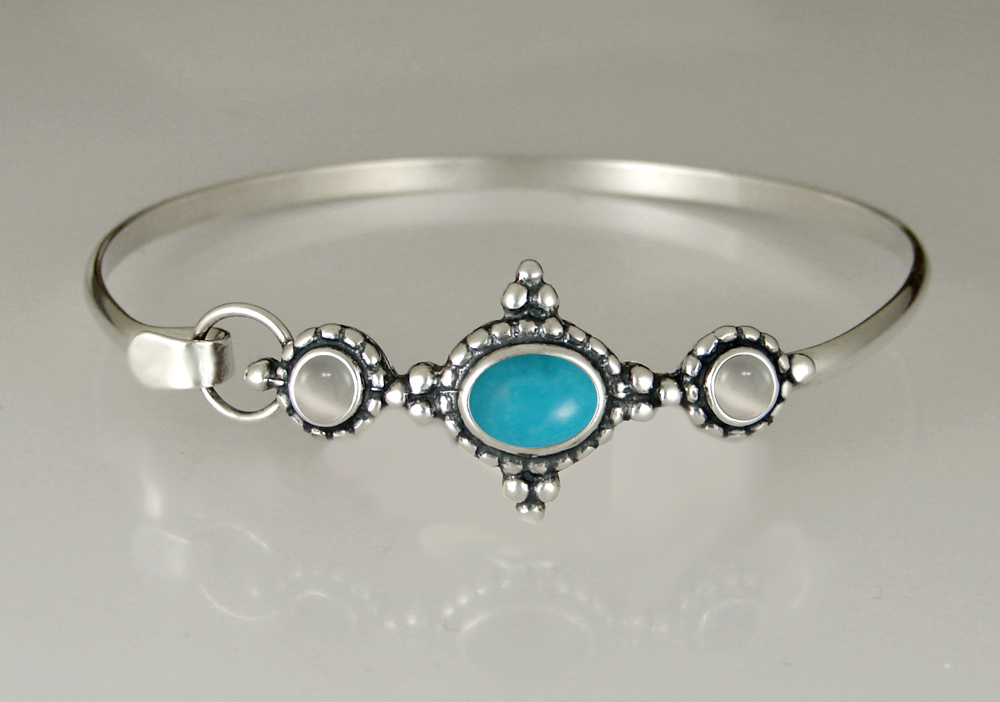 Sterling Silver Strap Latch Spring Hook Bangle Bracelet With Turquoise And White Moonstone